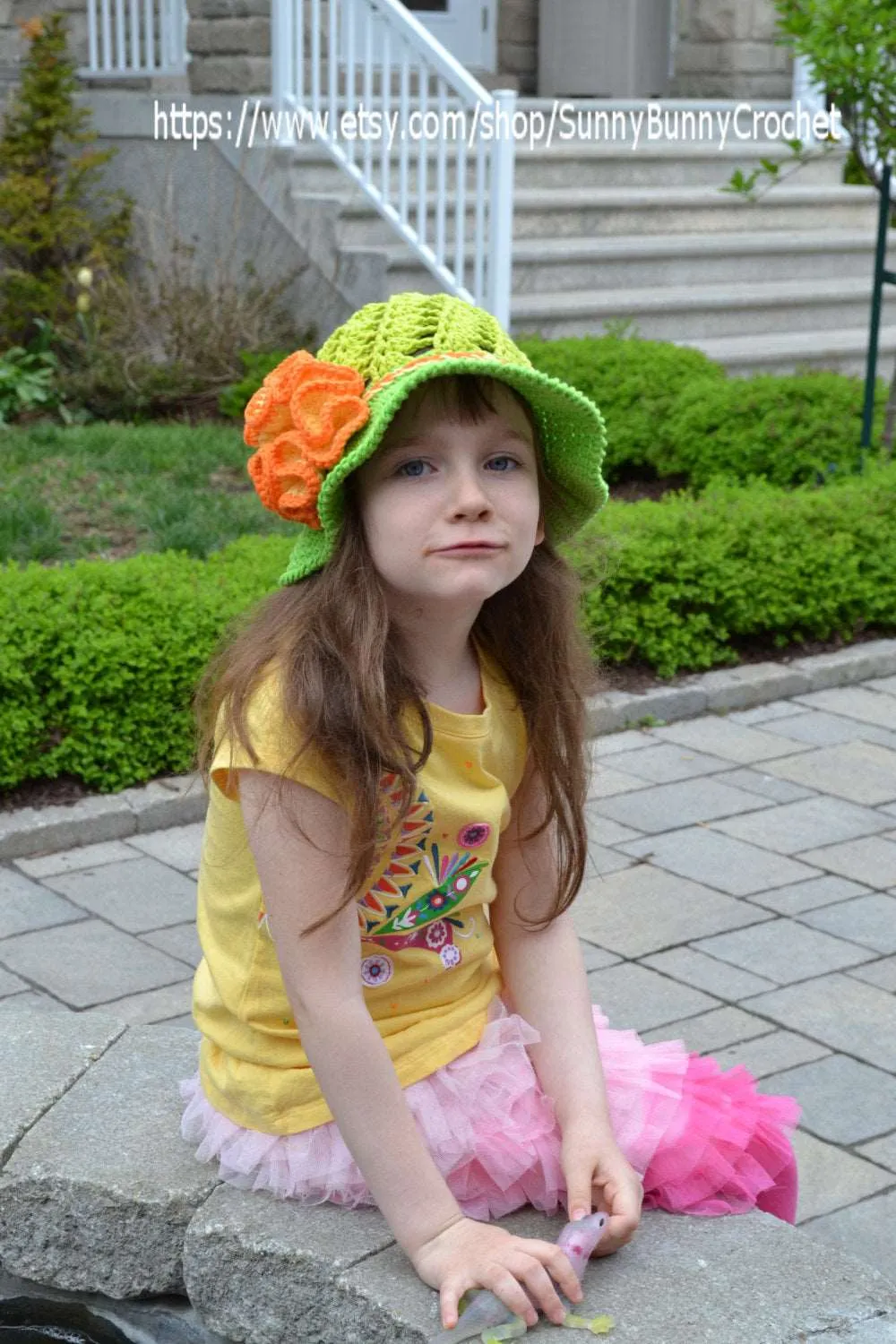 CROCHET SUMMER HAT - Crochet Sun hat, Girls Hat, Children, Large Flower, Cotton Beach Sun Hat, Brim, Baby, Crochet pattern, Green, Orange