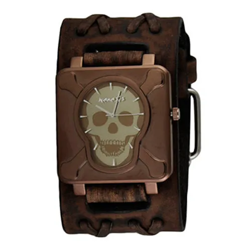 Cross Bones Skull Copper Watch with Double X Distressed Dark Brown Leather Wide Cuff BVDXB930B