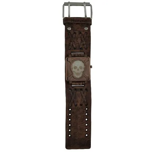 Cross Bones Skull Copper Watch with Double X Distressed Dark Brown Leather Wide Cuff BVDXB930B