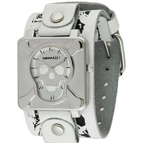 Cross Bones Skull Silver Watch with Multi-Skull White Leather Cuff lwms930s