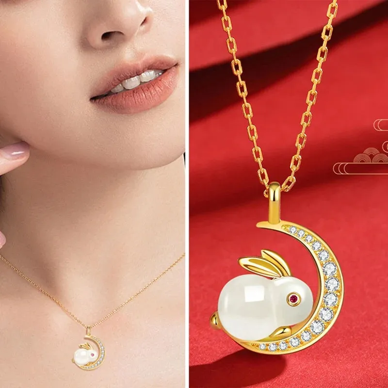 Cute Pendant Bunny Animal Stones White Jade Moon Rabbit Necklace Gift For Girls