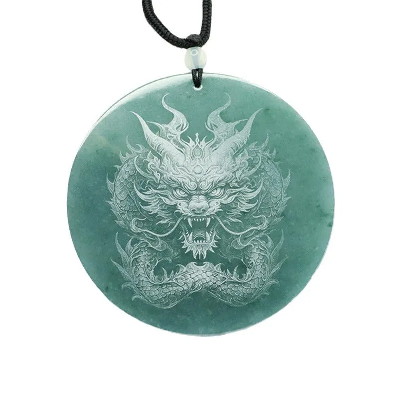 Dominant Dragon Carved Natural Jade Round Pendant in Blue and Green Shadow