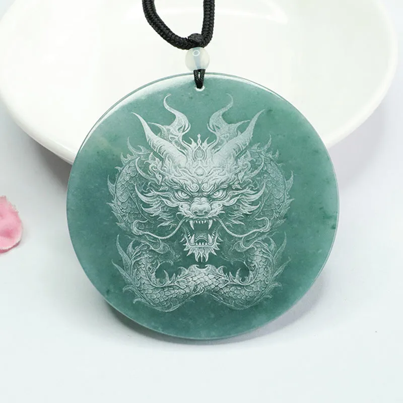 Dominant Dragon Carved Natural Jade Round Pendant in Blue and Green Shadow