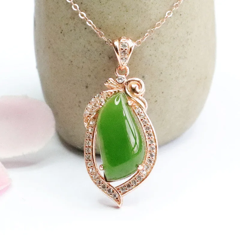 Droplet Spinach Green and Zircon Sterling Silver Necklace with Natural Hetian Jade