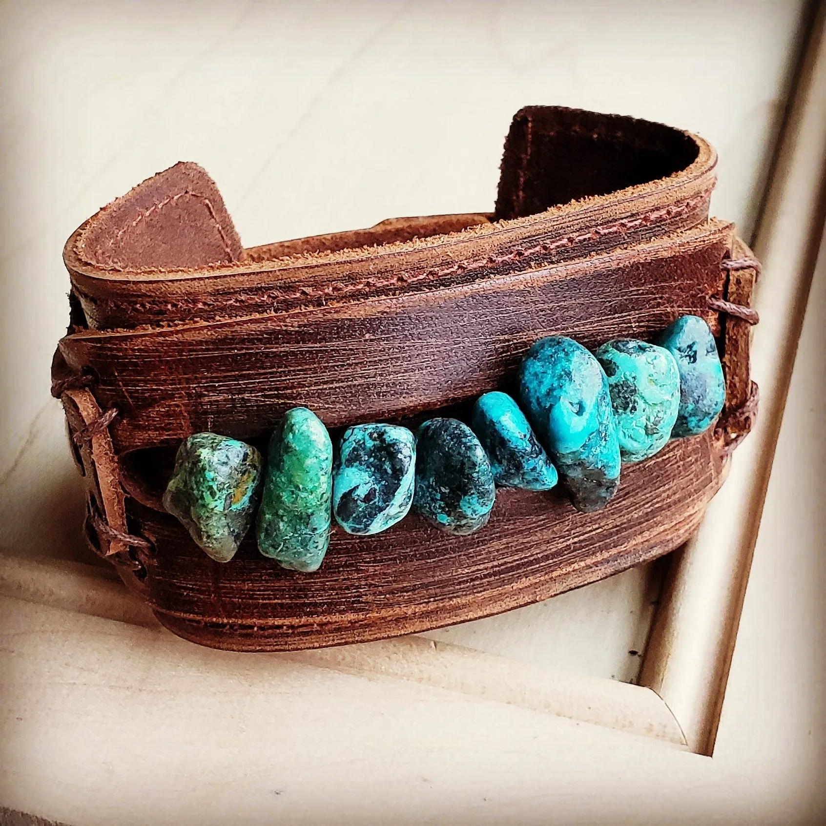 Dusty Leather Wide Cuff with Large Natural Turquoise Chunks 007u