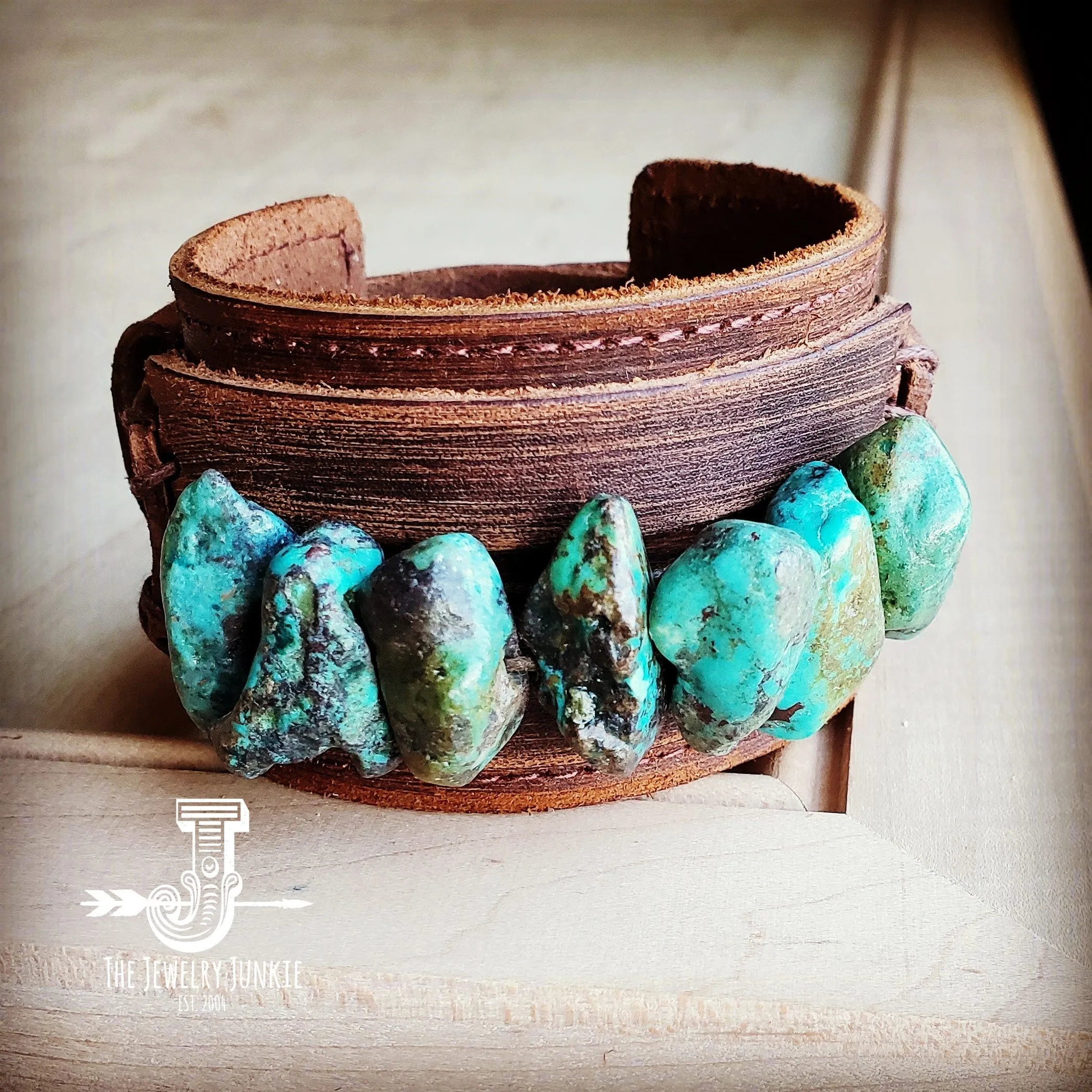 Dusty Leather Wide Cuff with Large Natural Turquoise Chunks 007u