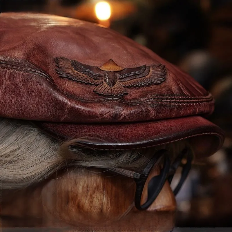 Eagle Carved Leather Flat Cap