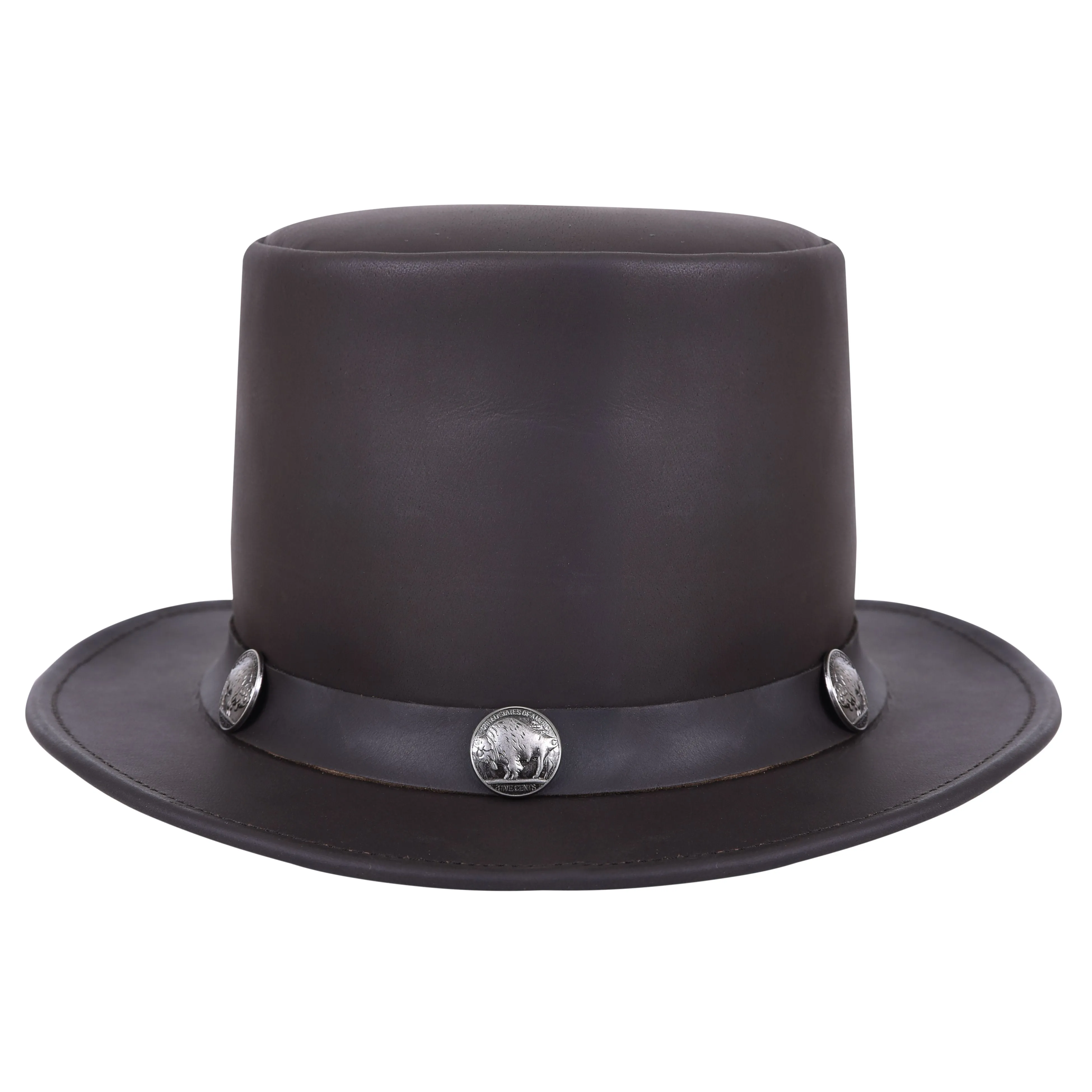 El Dorado Steampunk Cowhide Leather Brown Top Hat With Buffalo Nickel Band