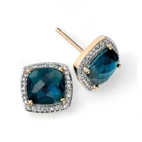 Elements 9ct Yellow Gold London Blue Topaz Checkerboard Earrings With Diamond Surround GE985T