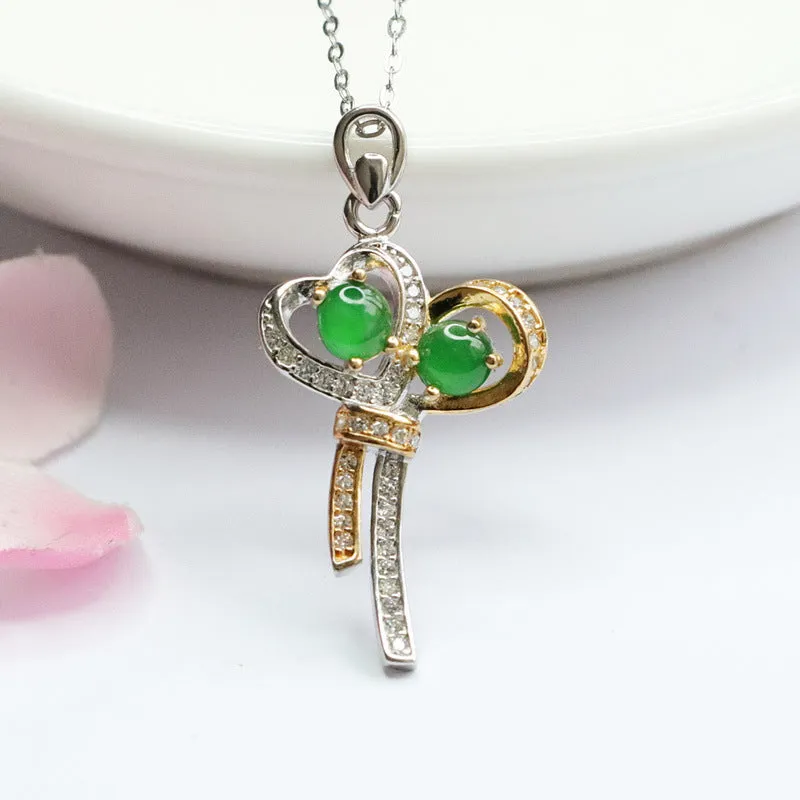 Emperor's Jade Bow Necklace: Sterling Silver with Green Jade and Zircon