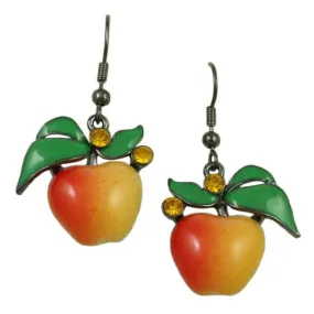 Enamel Apple with Topaz Crystals Dangling Pierced Earring - FN402E