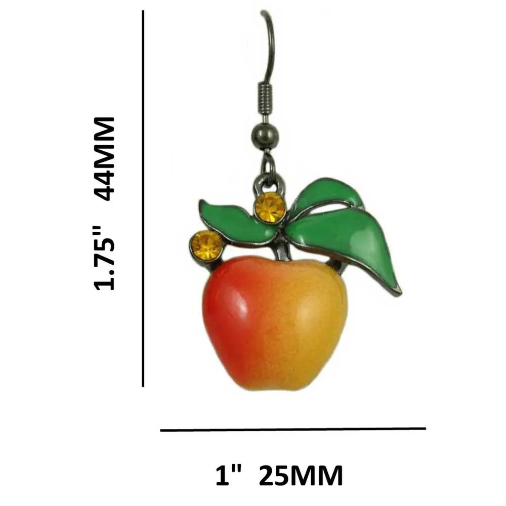 Enamel Apple with Topaz Crystals Dangling Pierced Earring - FN402E