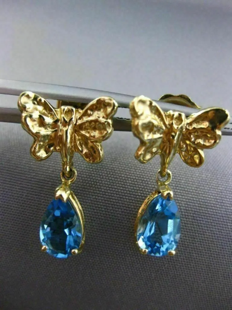 ESTATE .20CT BLUE TOPAZ 14KT YELLOW GOLD 3D BUTTERFLY HANGING EARRINGS #25197