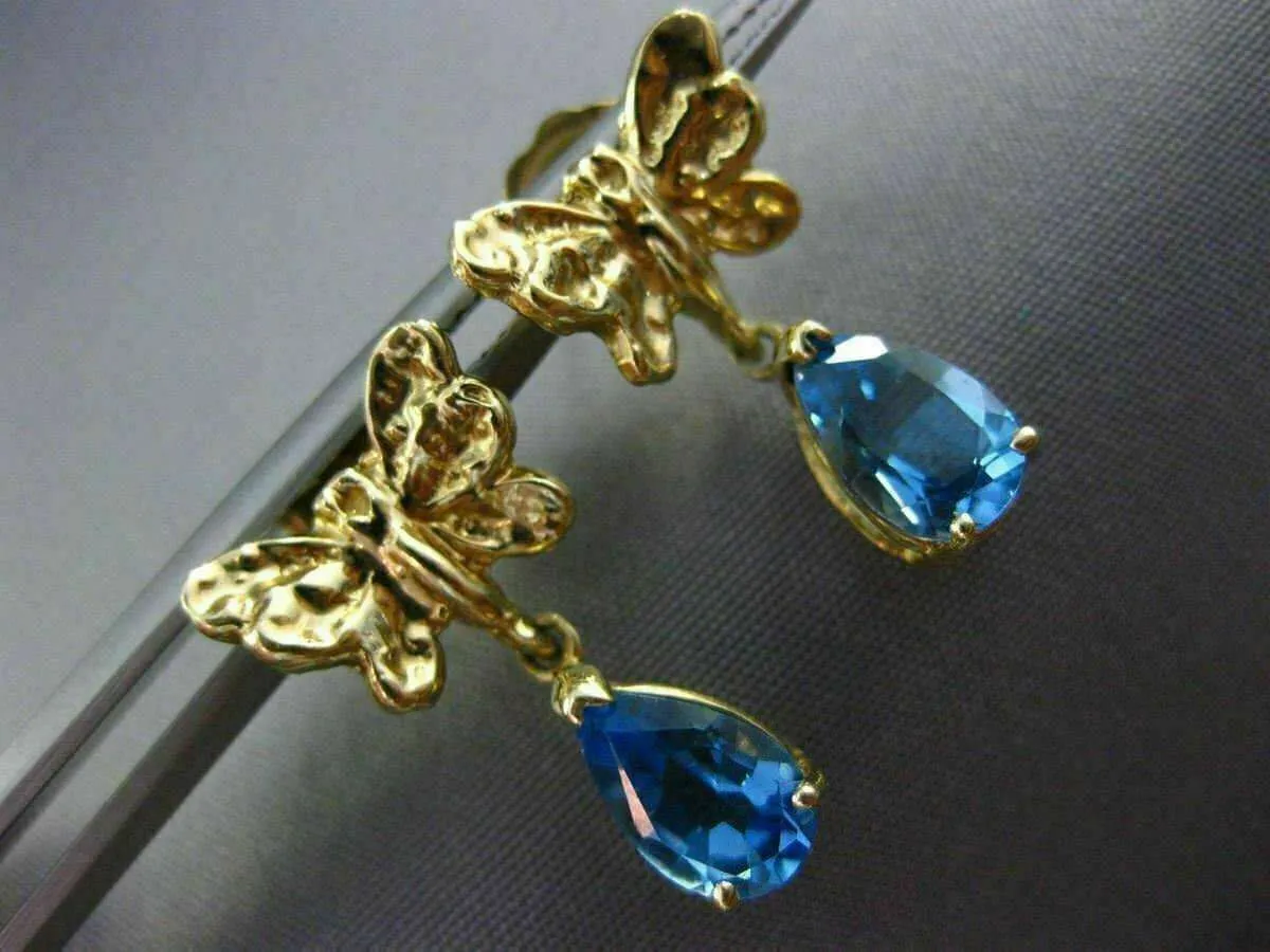 ESTATE .20CT BLUE TOPAZ 14KT YELLOW GOLD 3D BUTTERFLY HANGING EARRINGS #25197