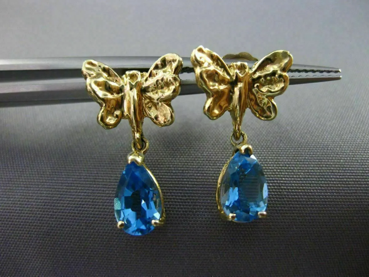 ESTATE .20CT BLUE TOPAZ 14KT YELLOW GOLD 3D BUTTERFLY HANGING EARRINGS #25197