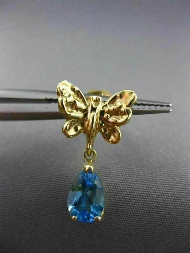 ESTATE .20CT BLUE TOPAZ 14KT YELLOW GOLD 3D BUTTERFLY HANGING EARRINGS #25197