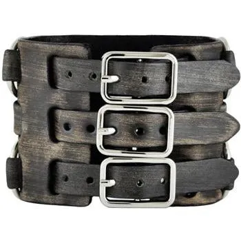 Eternity Black/Green Watch with Distressed Black Leather Triple Strap Cuff