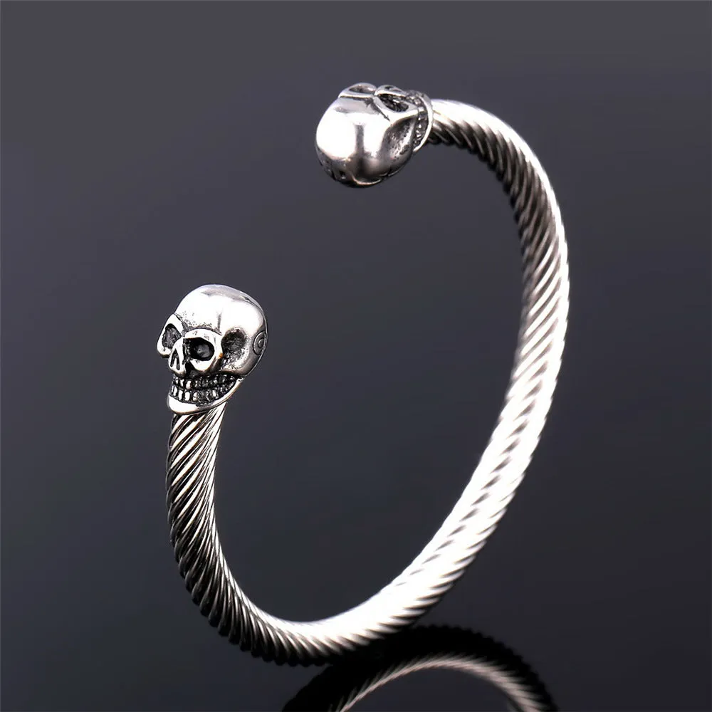 FaithHeart Twin Skull Cuff Bracelet Twisted Cable Bangle