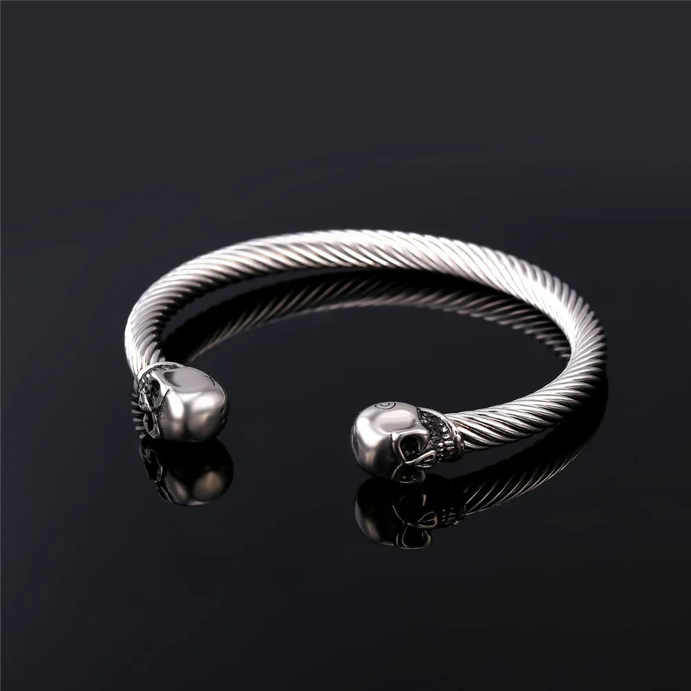 FaithHeart Twin Skull Cuff Bracelet Twisted Cable Bangle