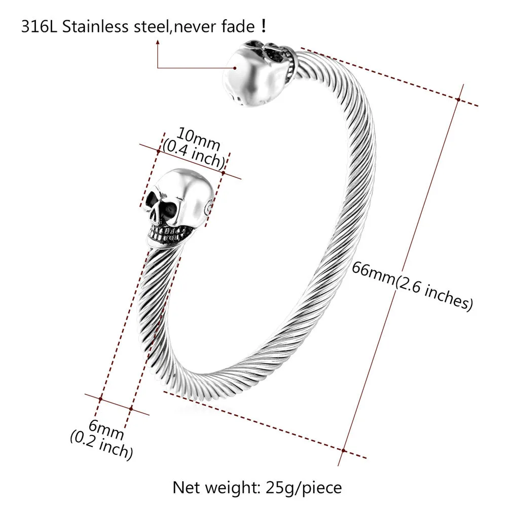 FaithHeart Twin Skull Cuff Bracelet Twisted Cable Bangle