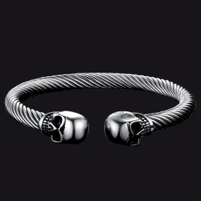 FaithHeart Twin Skull Cuff Bracelet Twisted Cable Bangle