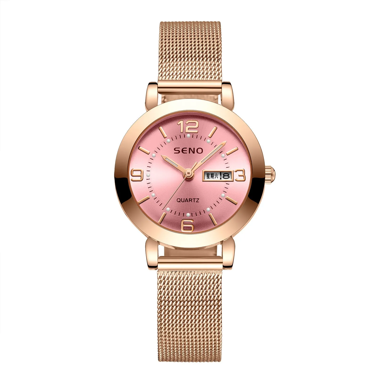 Fashion Mesh Strap Quartz Watch Non-Mechanical Women's Watch Luminous Waterproof Double Calendar Female Student Steel Strap Watch