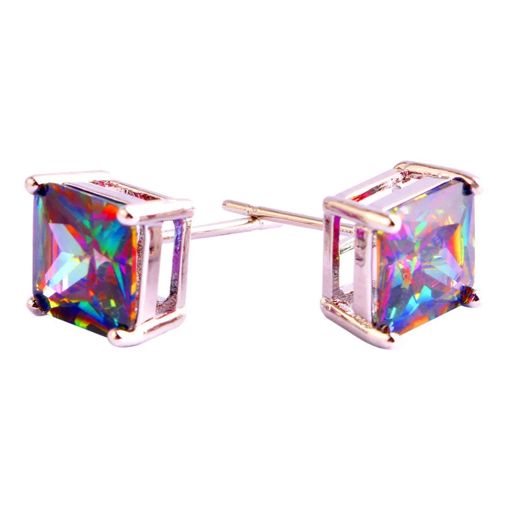 Fashion Women Jewelry Decent Princess Cut Mysterious Rainbow Topaz Silver Stud Earrings