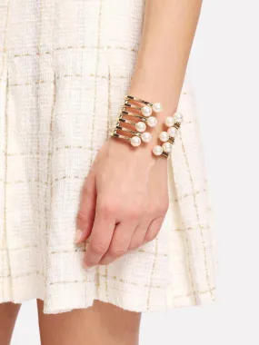 Faux Pearl Detail Layered Cuff Bracelet