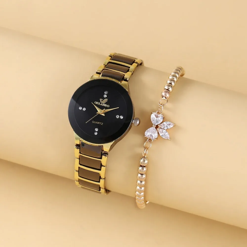 Faux Stone Bow Premium Black Gold Wrist Watch