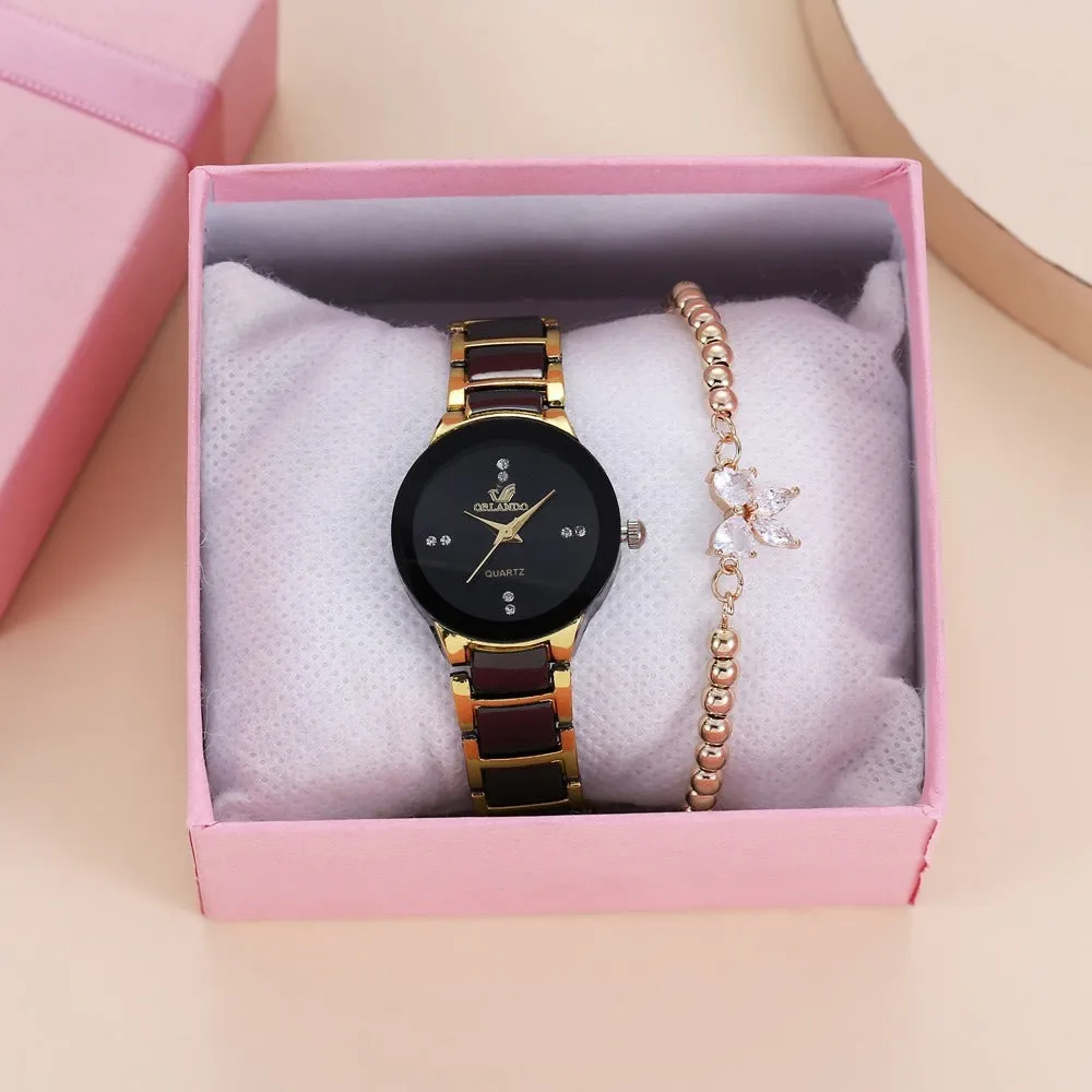 Faux Stone Bow Premium Black Gold Wrist Watch