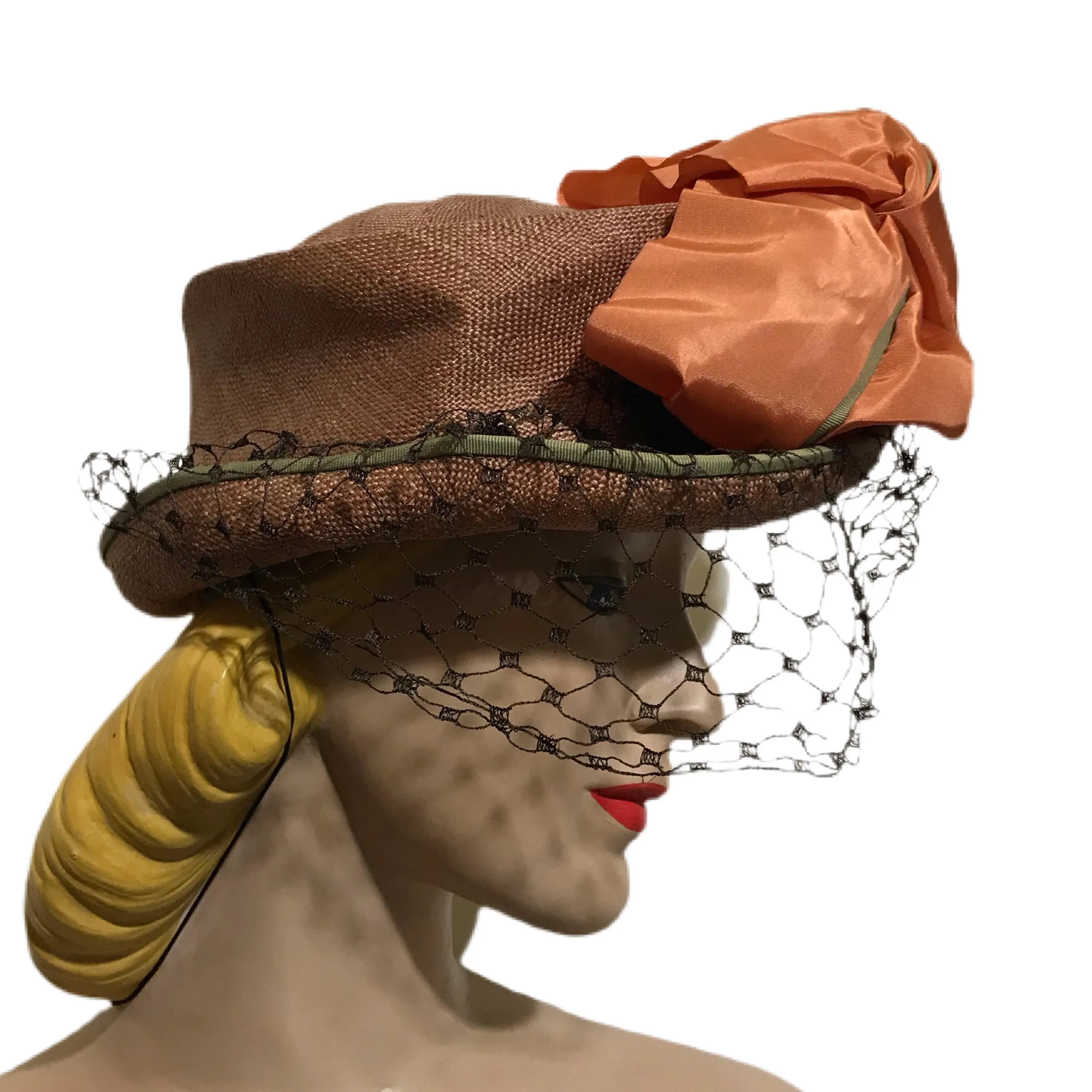 Fawn Sisal Veiled Tilt Hat with Tangerine Bow circa 1940s