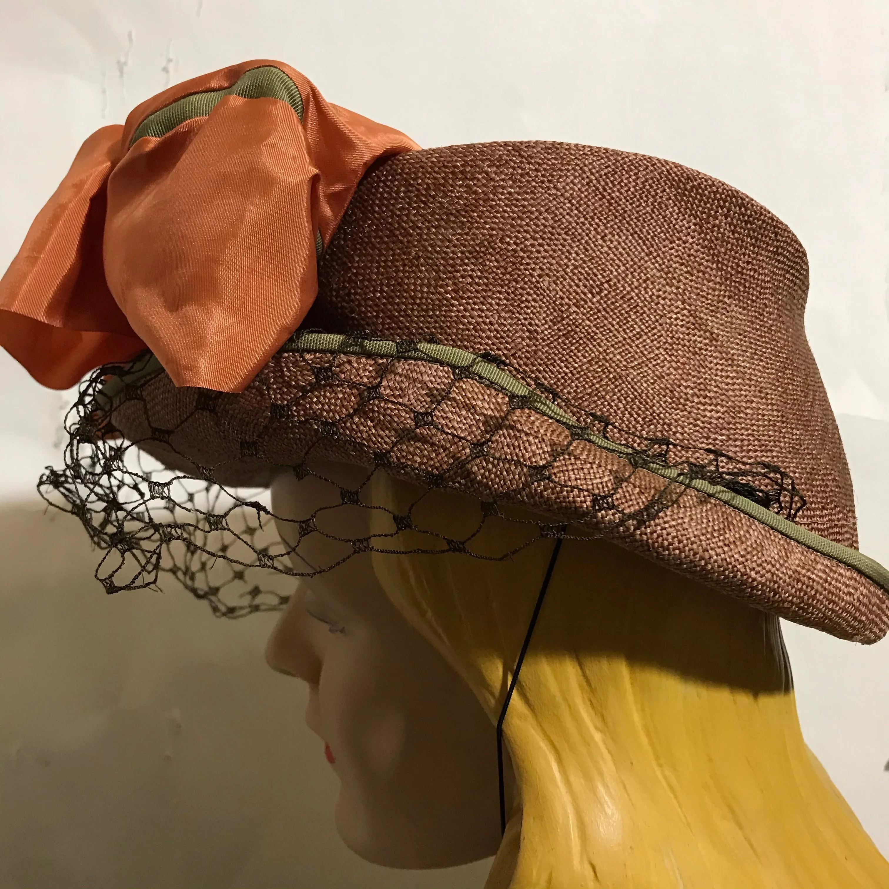 Fawn Sisal Veiled Tilt Hat with Tangerine Bow circa 1940s