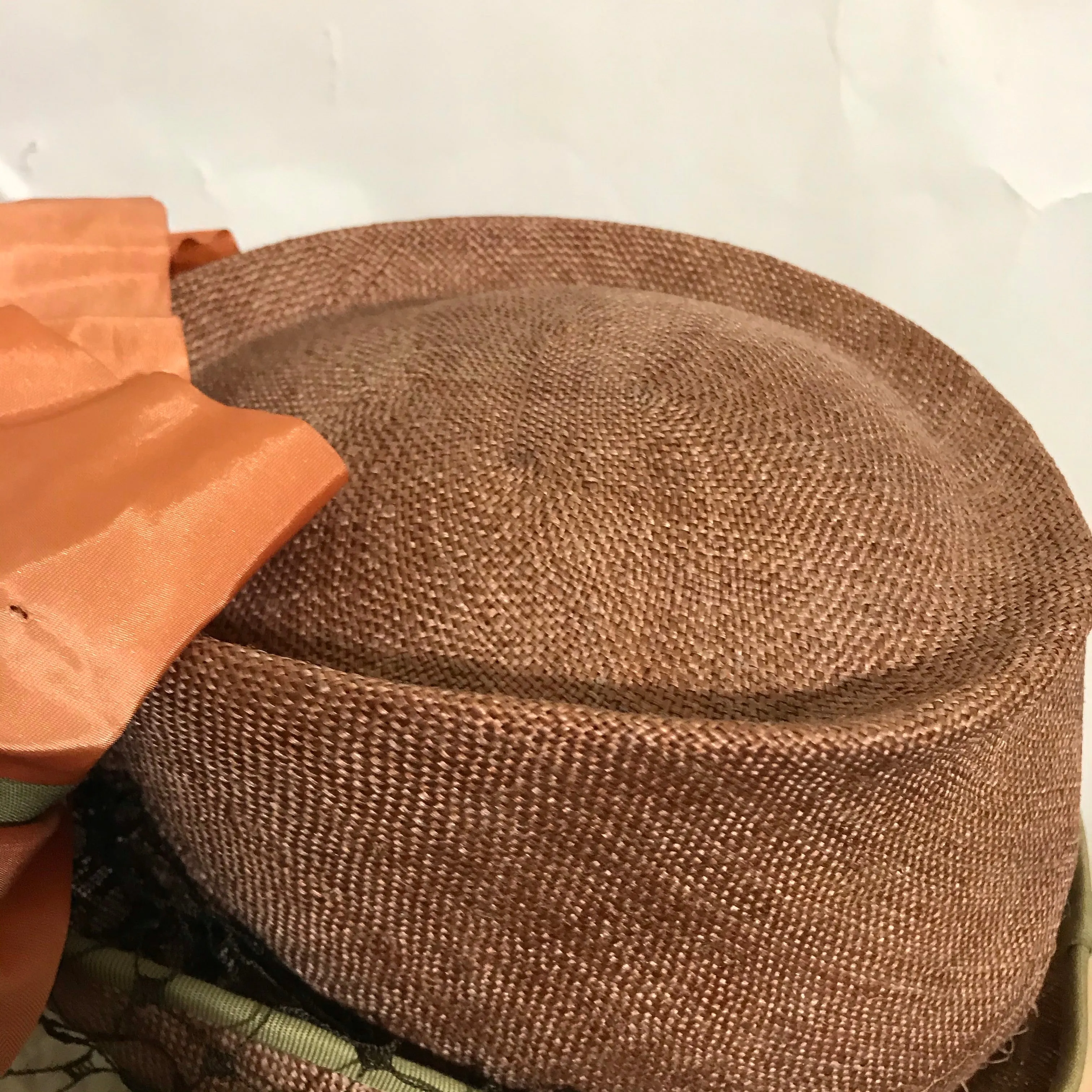 Fawn Sisal Veiled Tilt Hat with Tangerine Bow circa 1940s