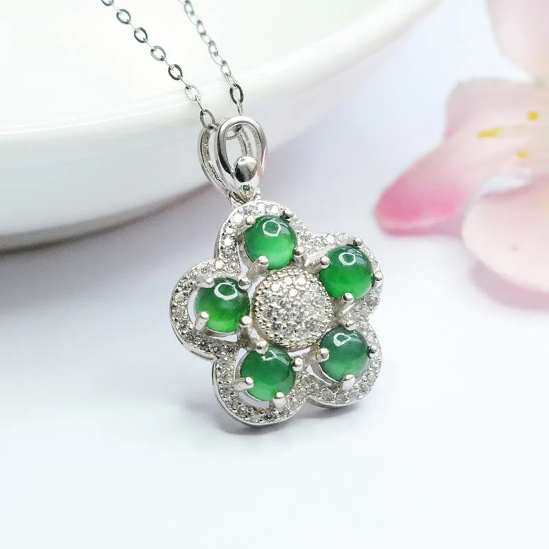 Five Blessings Ice Green Jade Zircon Flower Sterling Silver Necklace