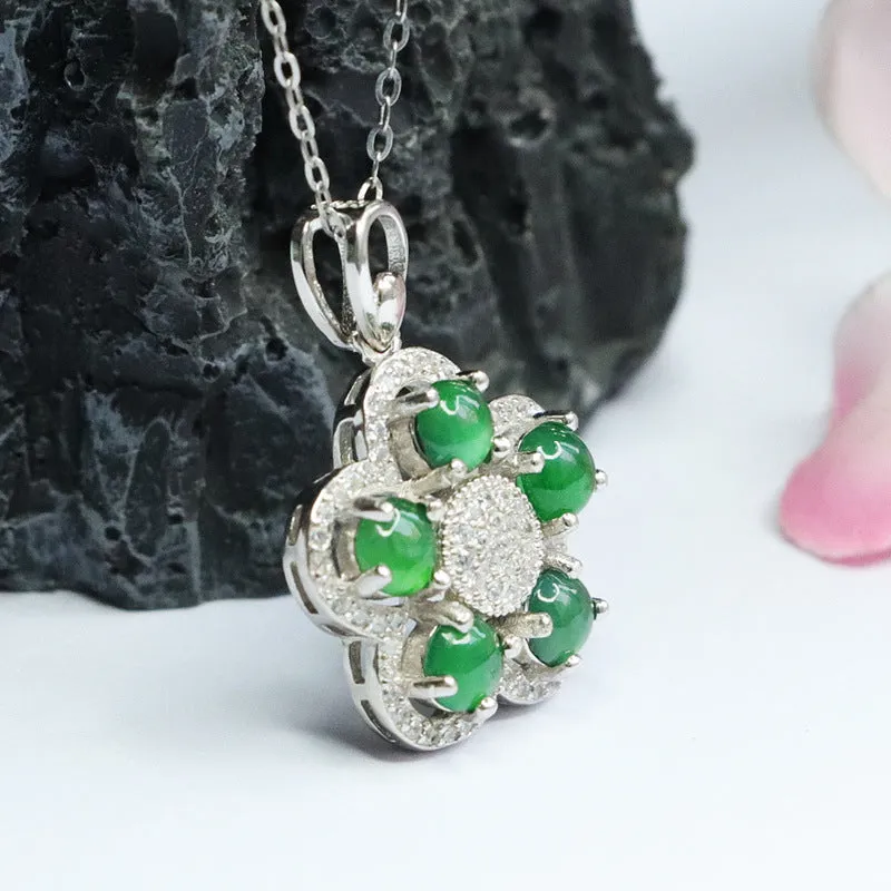 Five Blessings Ice Green Jade Zircon Flower Sterling Silver Necklace