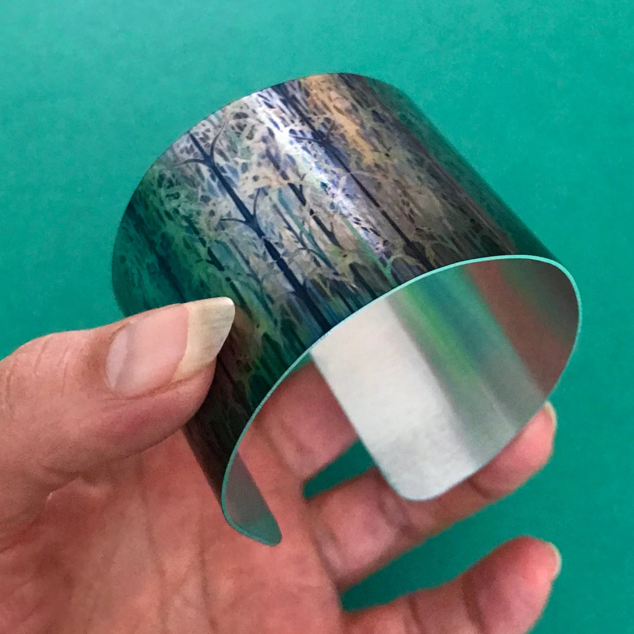 Flowing Water Cuff Bracelet - Comtemporary Fresh Green Bangle - easy wear lightweight aluminium.