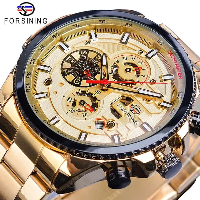 Forsining Rose Golden Case BlueSteel Multifunction  Wrist Watch