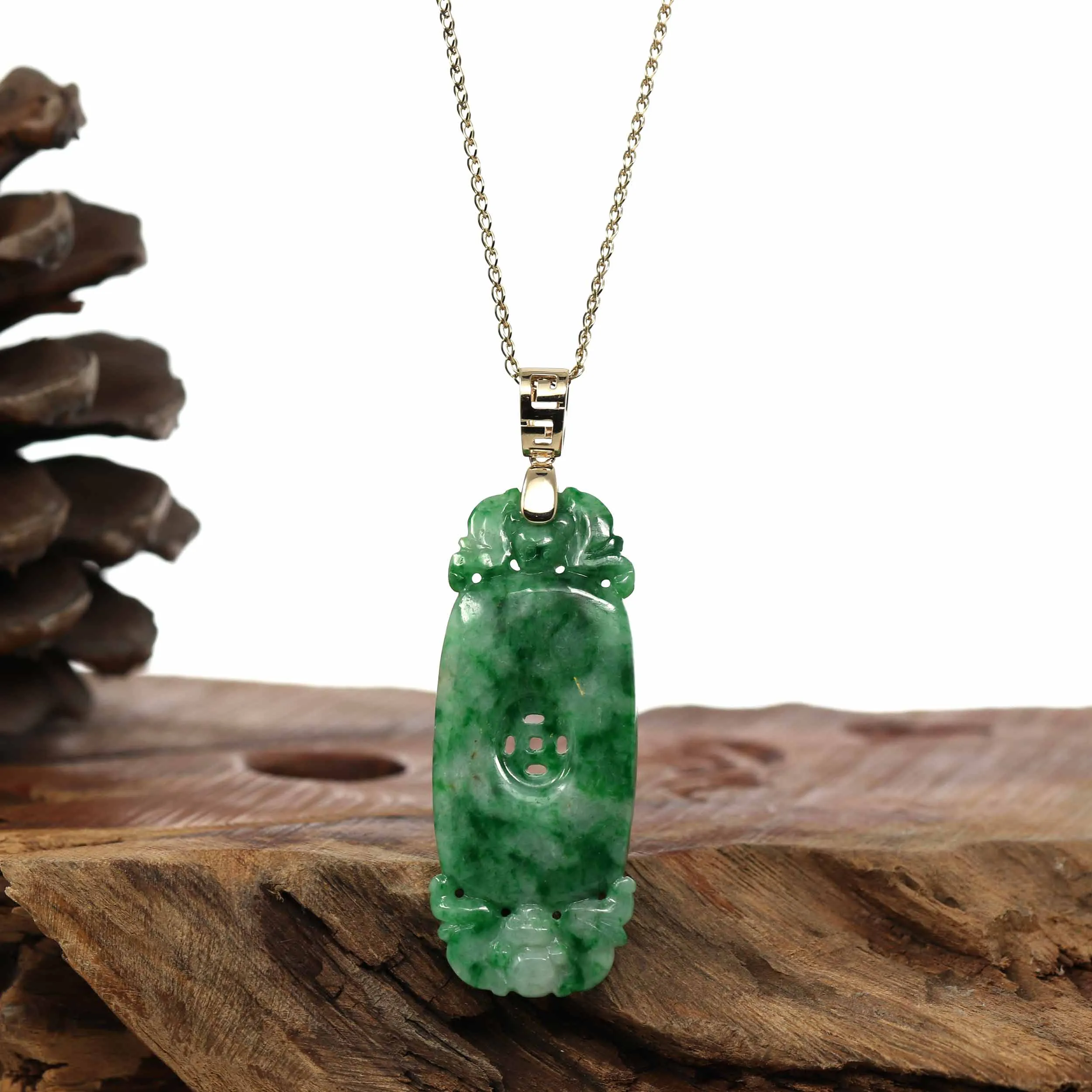 Genuine Apple Green- White Jadeite Jade Fu Zai Yan Qian Pendant Necklace With 14K Yellow Gold Bail