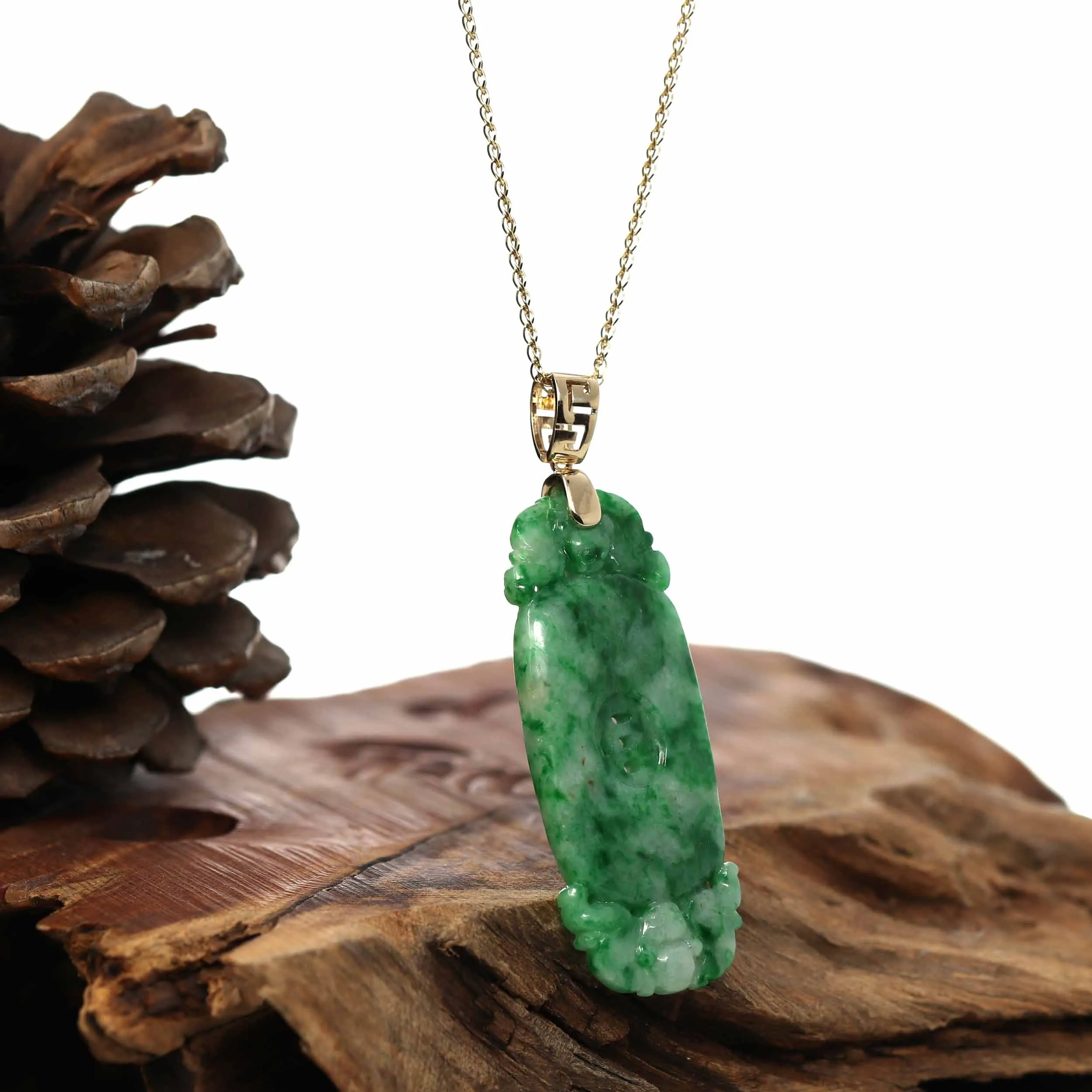 Genuine Apple Green- White Jadeite Jade Fu Zai Yan Qian Pendant Necklace With 14K Yellow Gold Bail