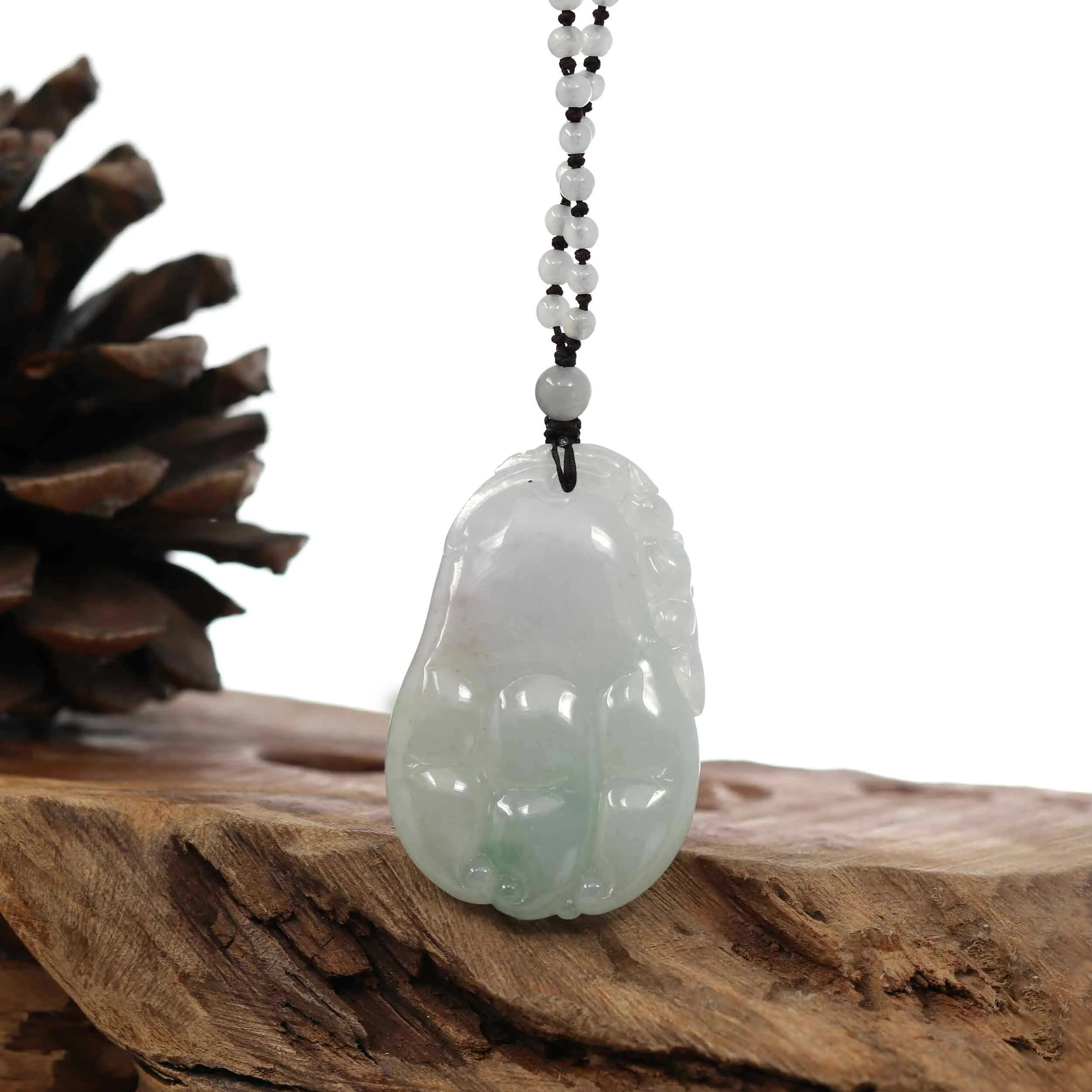 Genuine Green & Light Lavender "Buddha's Palm" Jadeite Jade Good Luck Pendant Necklace With Real Jadeite Bead Necklace