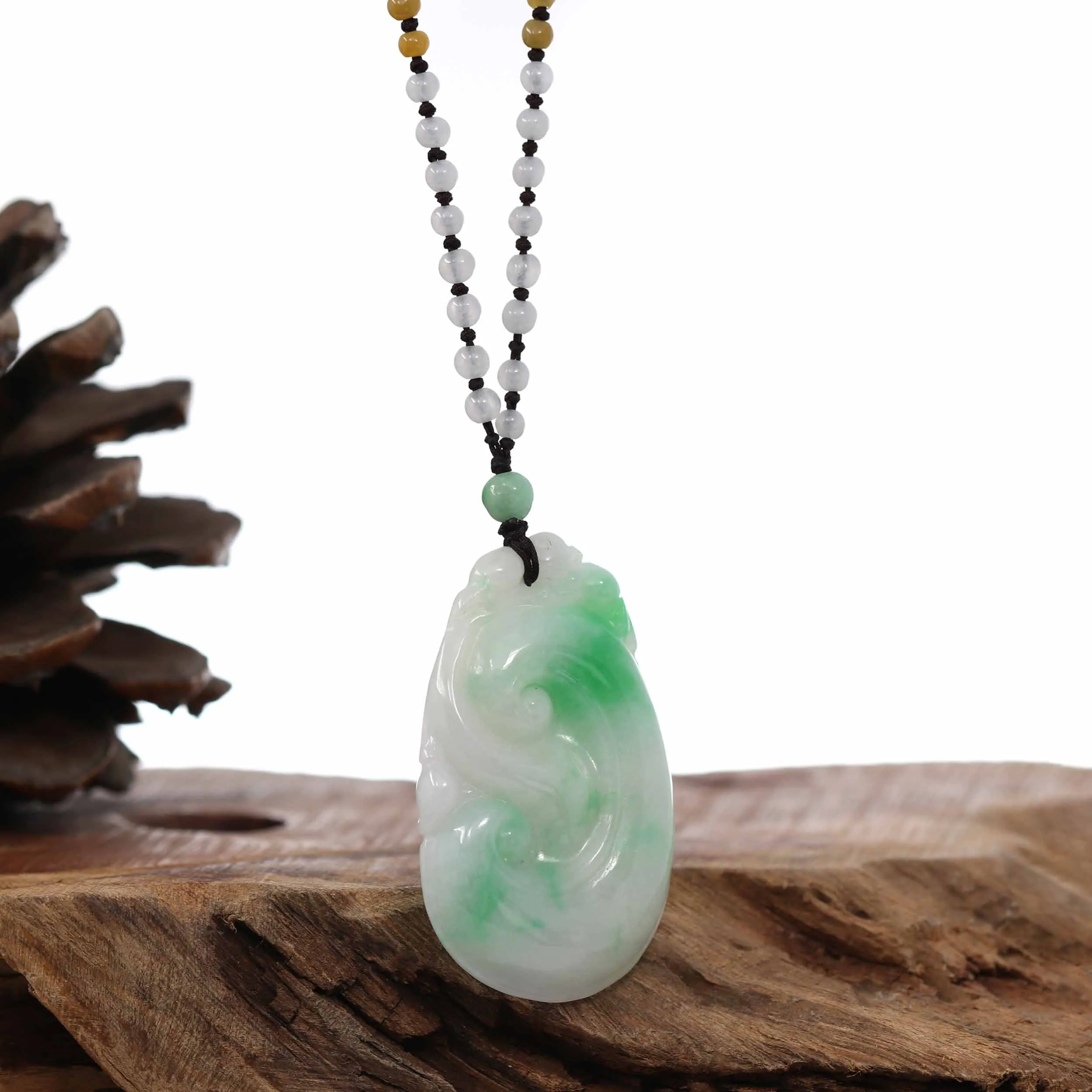 Genuine Green Jadeite Jade RuYi Pendant Necklace With Real Ice Jadeite jade Beads Necklace