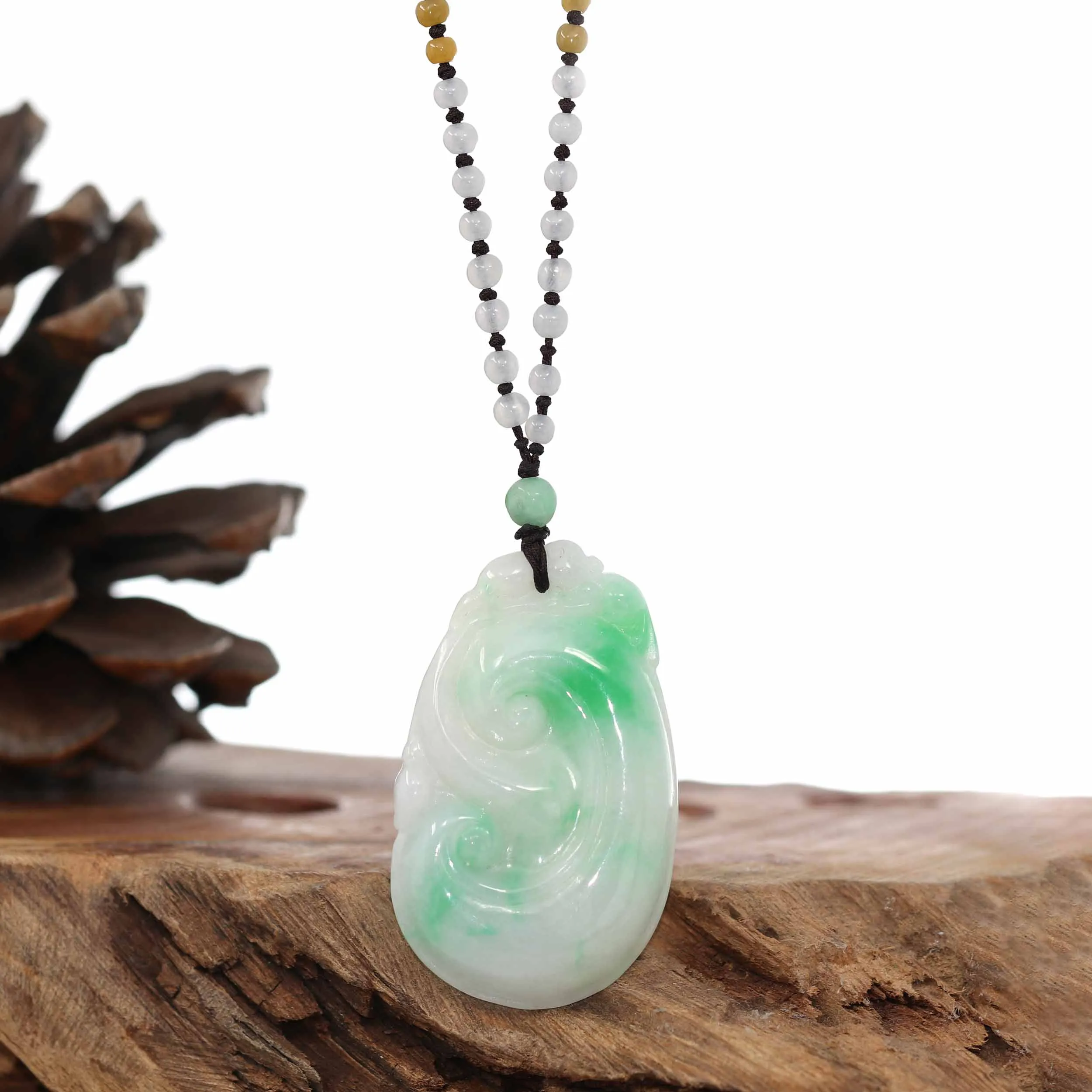 Genuine Green Jadeite Jade RuYi Pendant Necklace With Real Ice Jadeite jade Beads Necklace