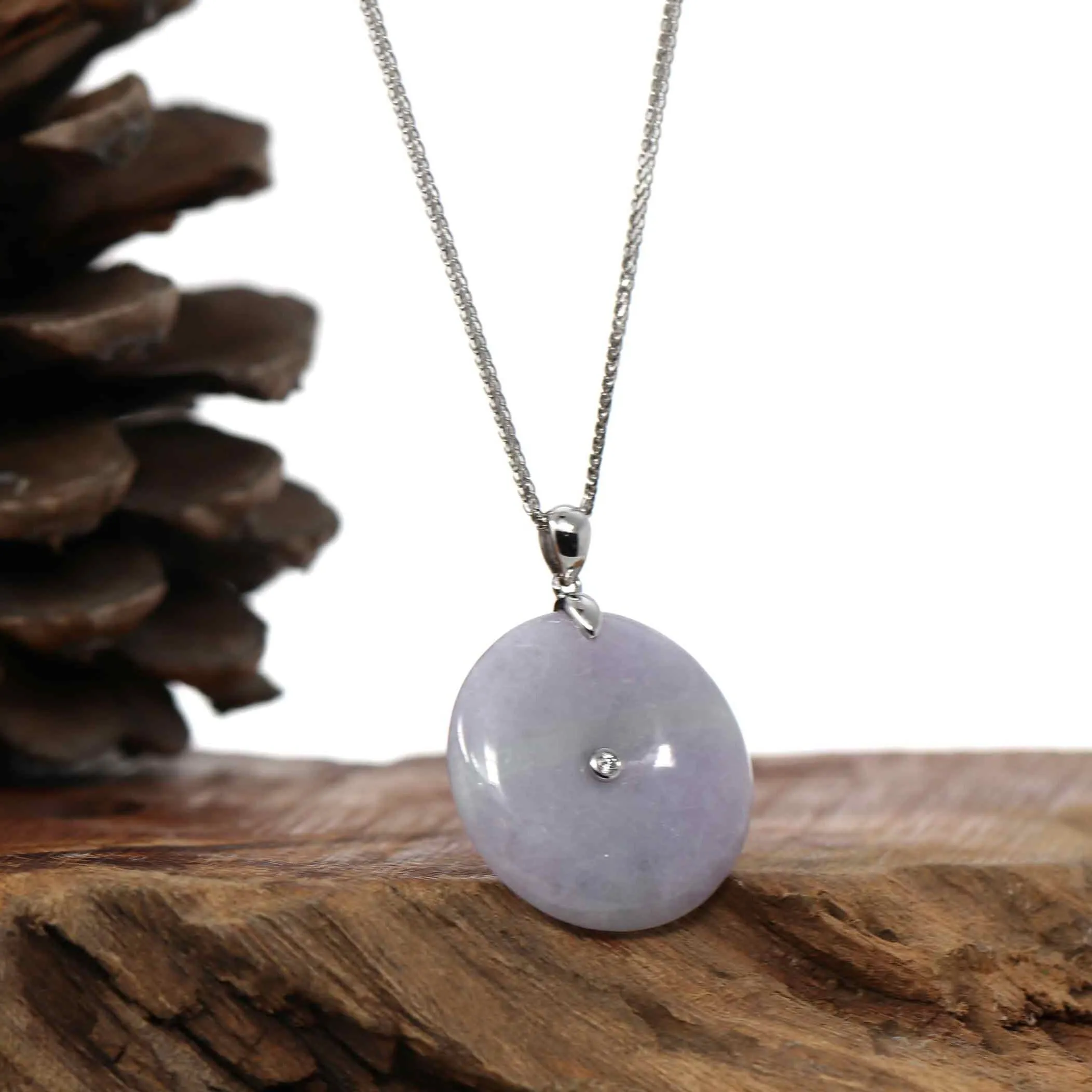 Genuine Lavender Jadeite Jade Lucky KouKou " Ping An Kou " Pendant With 14K White Gold Bail & Diamond In Center.