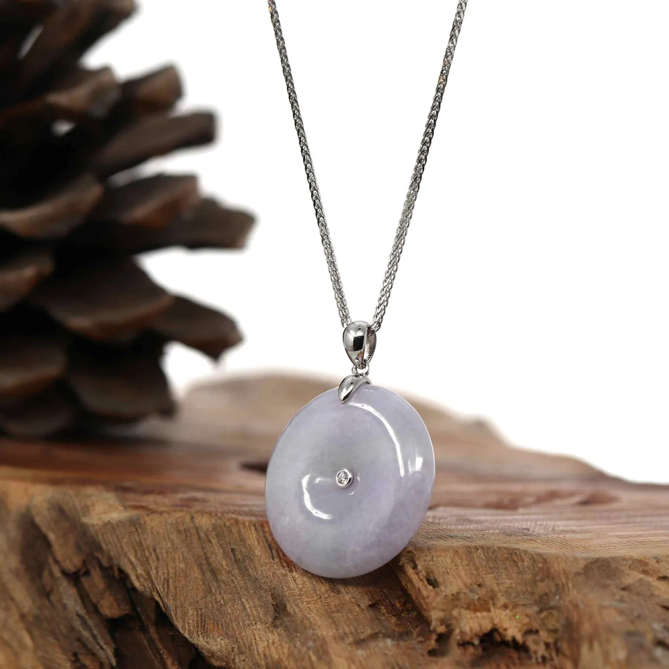 Genuine Lavender Jadeite Jade Lucky KouKou " Ping An Kou " Pendant With 14K White Gold Bail & Diamond In Center.