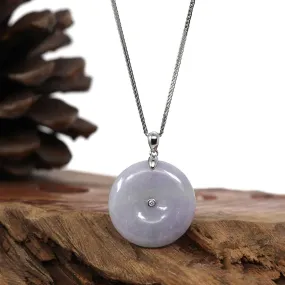 Genuine Lavender Jadeite Jade Lucky KouKou " Ping An Kou " Pendant With 14K White Gold Bail & Diamond In Center.