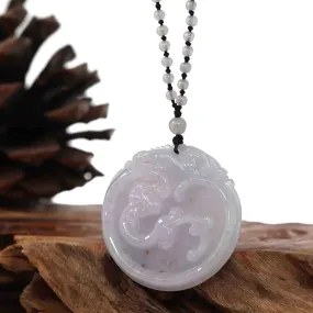 Genuine Lavender Jadeite Jade RuYi & Dragon Pendant Necklace With Real Jadeite Jade Beads Necklace