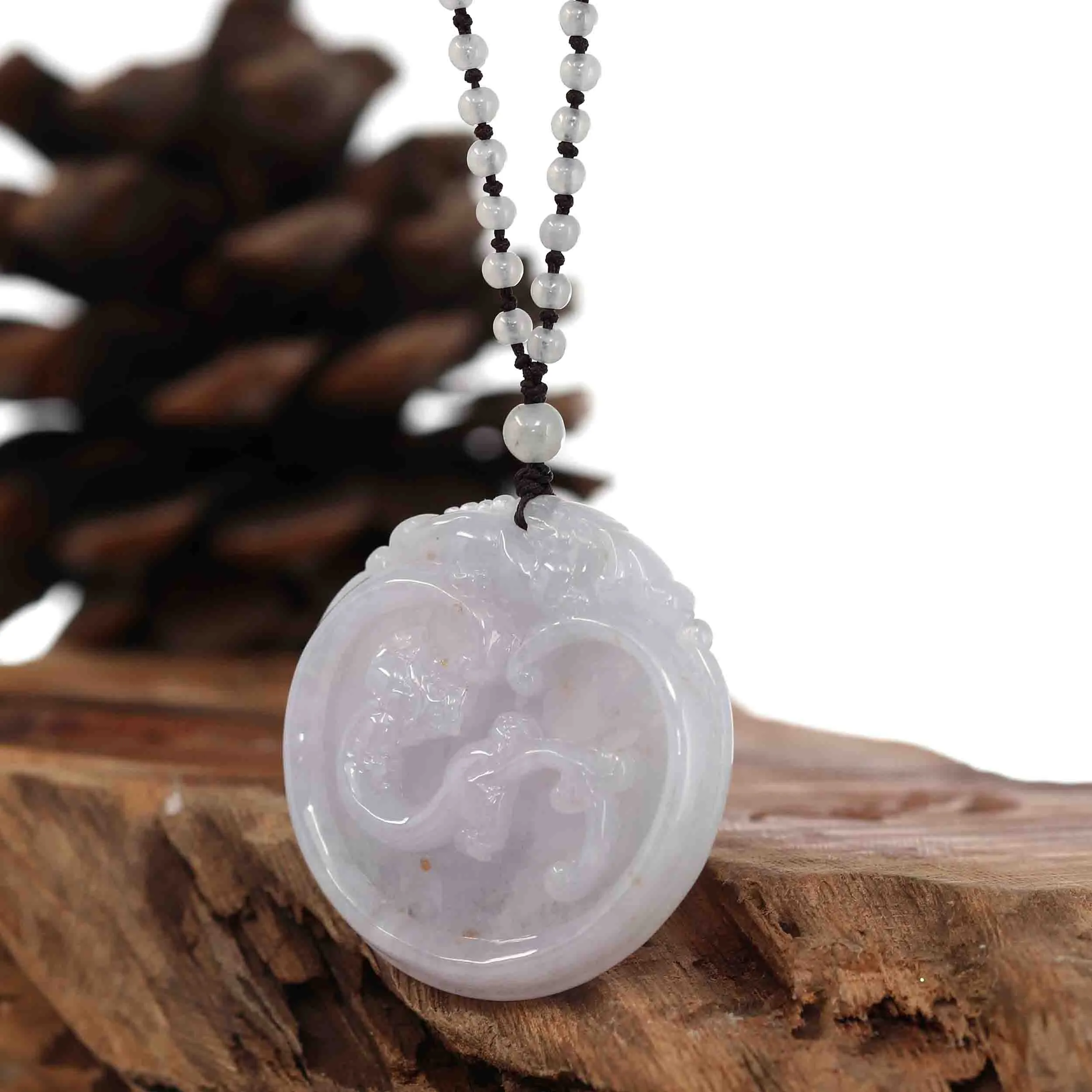 Genuine Lavender Jadeite Jade RuYi & Dragon Pendant Necklace With Real Jadeite Jade Beads Necklace