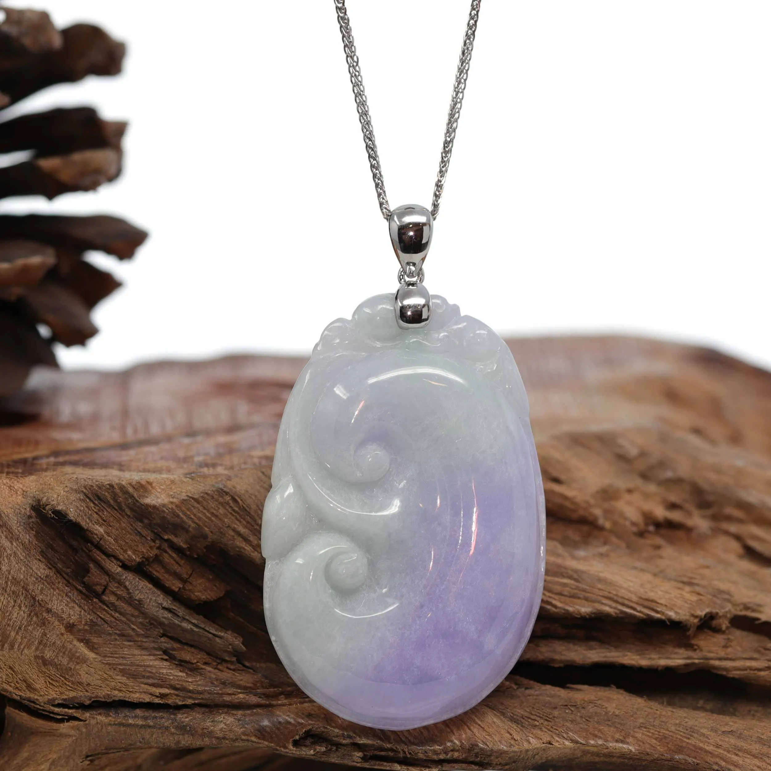 Genuine Lavender Jadeite Jade RuYi Pendant Necklace With 14K White Gold Bail