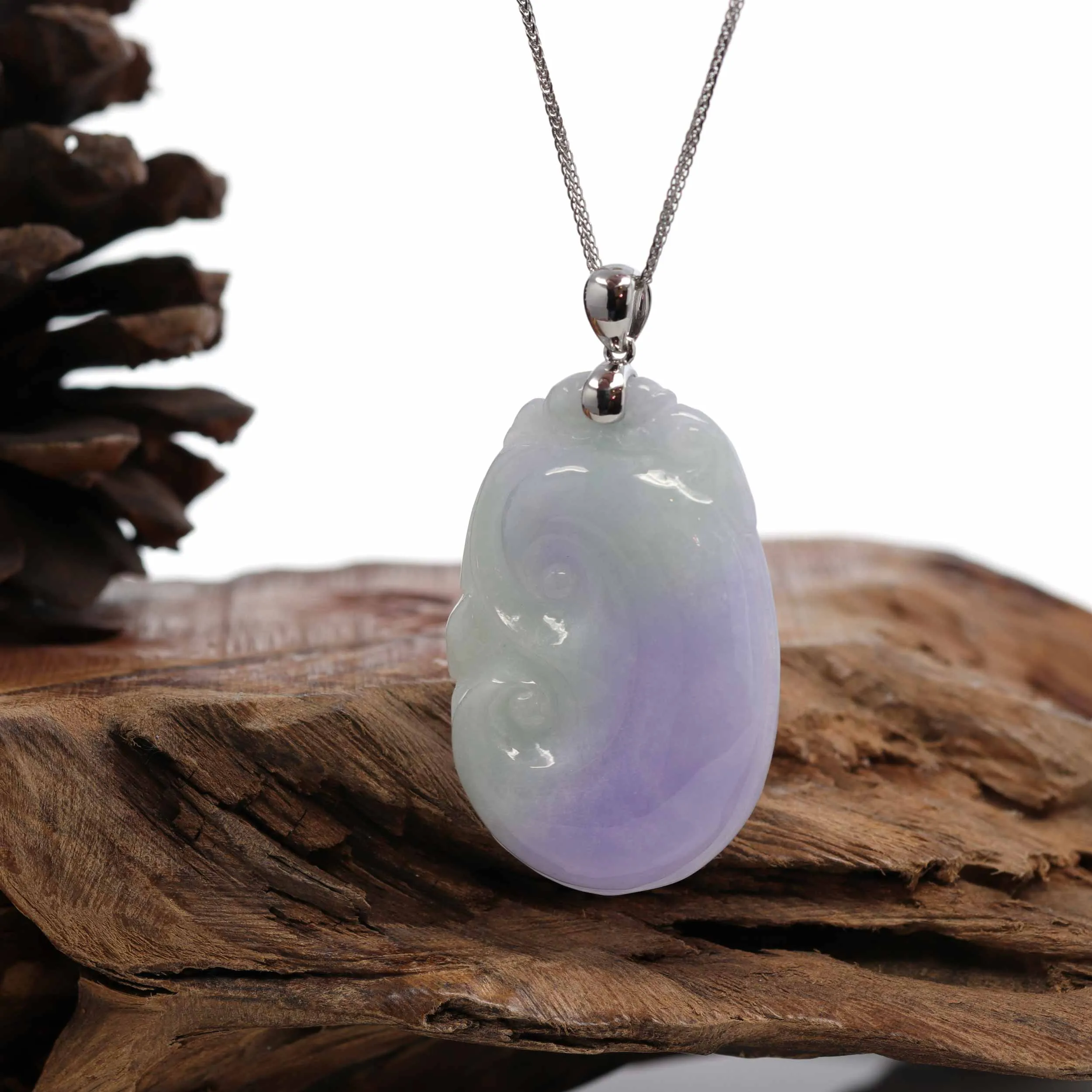 Genuine Lavender Jadeite Jade RuYi Pendant Necklace With 14K White Gold Bail