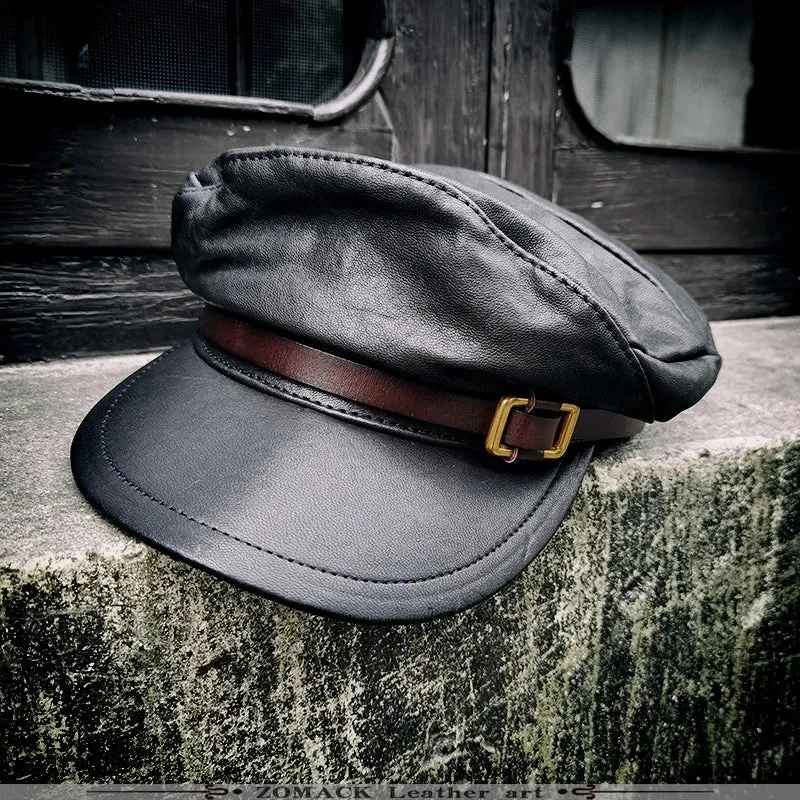 Genuine Leather Fisherman Cap - Motorcycle Military Style Flat Top Hat